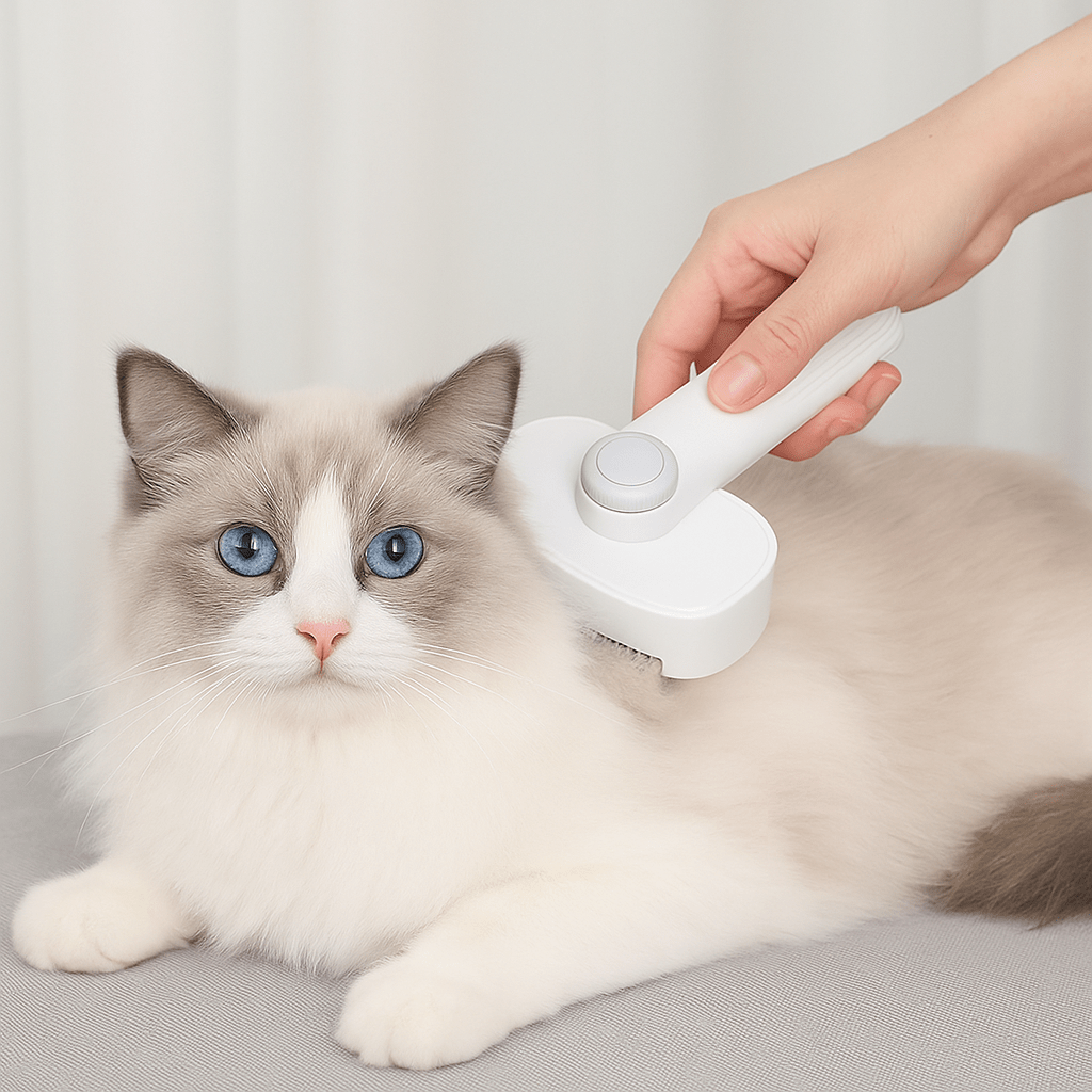 Katzenbürste mit Auswurftaste – Selbstreinigender Knotenlöser für langes Fell - CagillyPaw e.U.