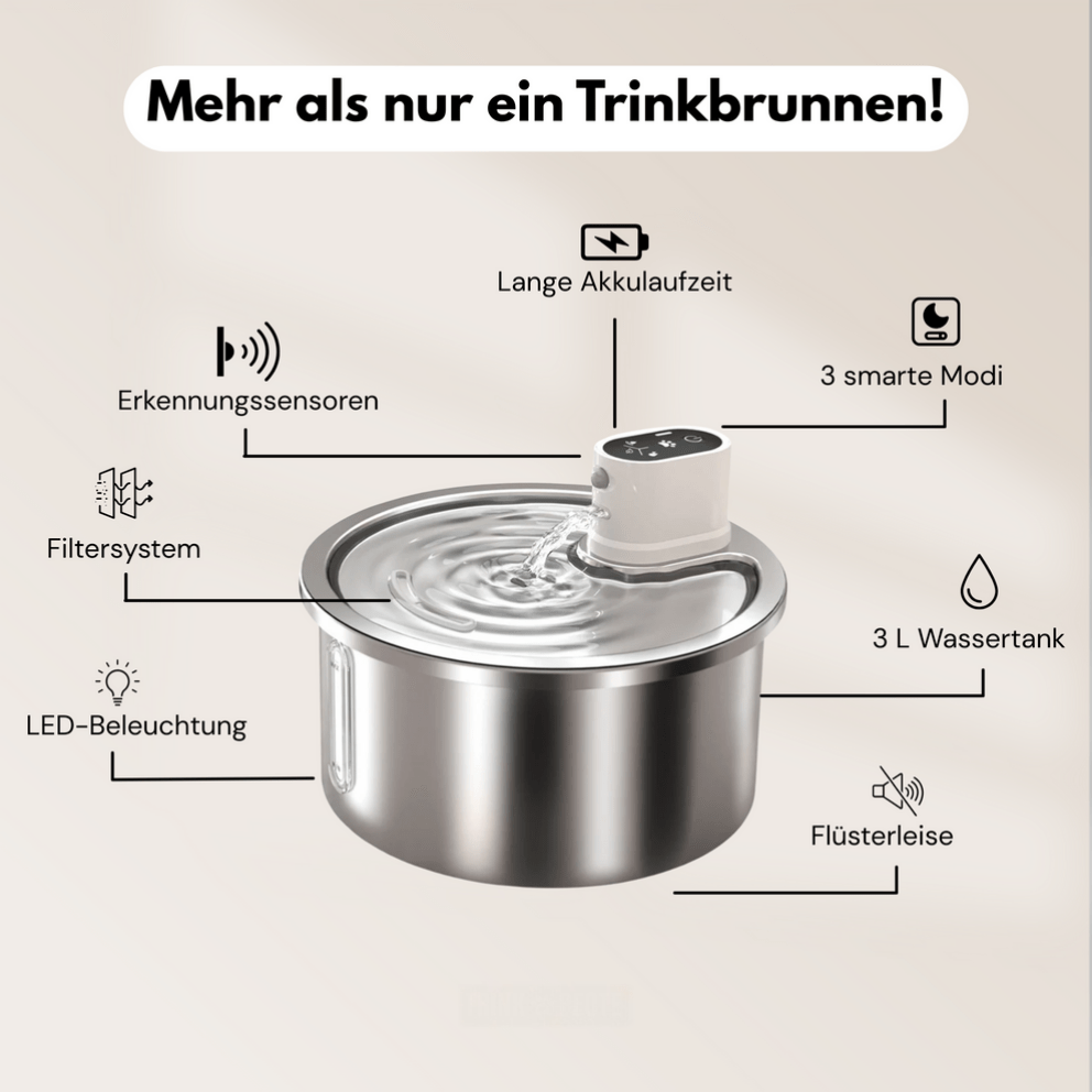 Akkubetriebener Edelstahl - Trinkbrunnen mit Bewegungssensor - CagillyPaw e.U.