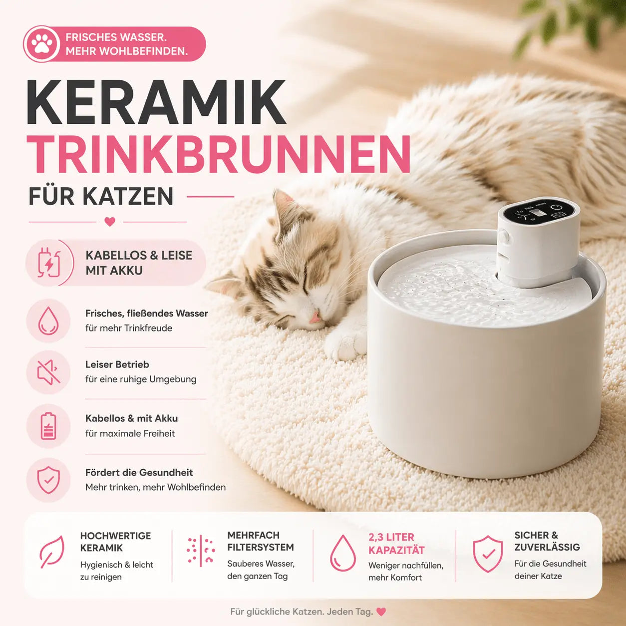 Keramik Trinkbrunnen für Katzen – kabellos, leise & hygienisch - CagillyPaw e.U.